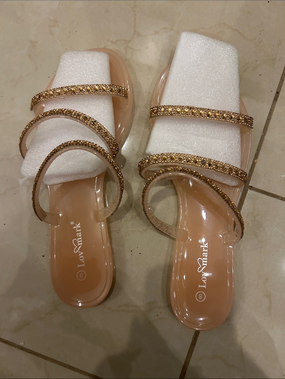 LovMark Gold Crystal Nude Slide Mules